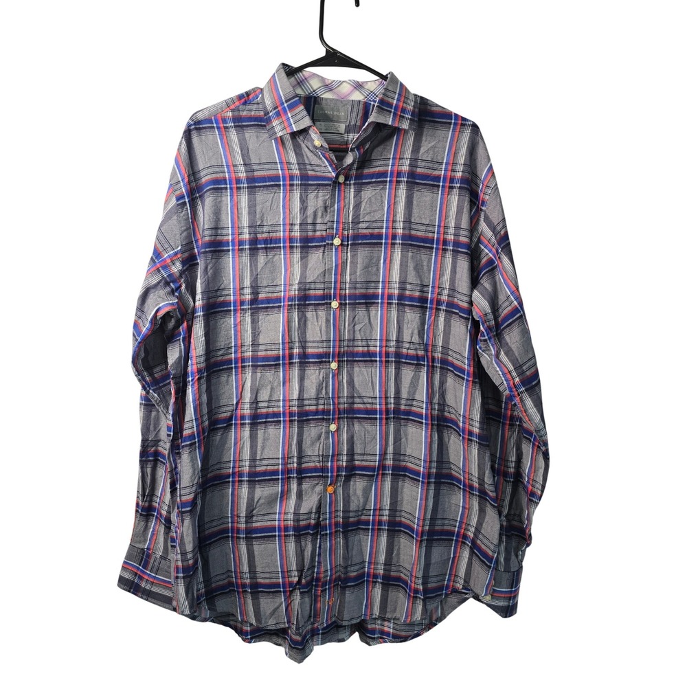 Thomas Dean Mens XL Multicolored Plaid Button Down Shirt Long Sleeve Cotton EUC